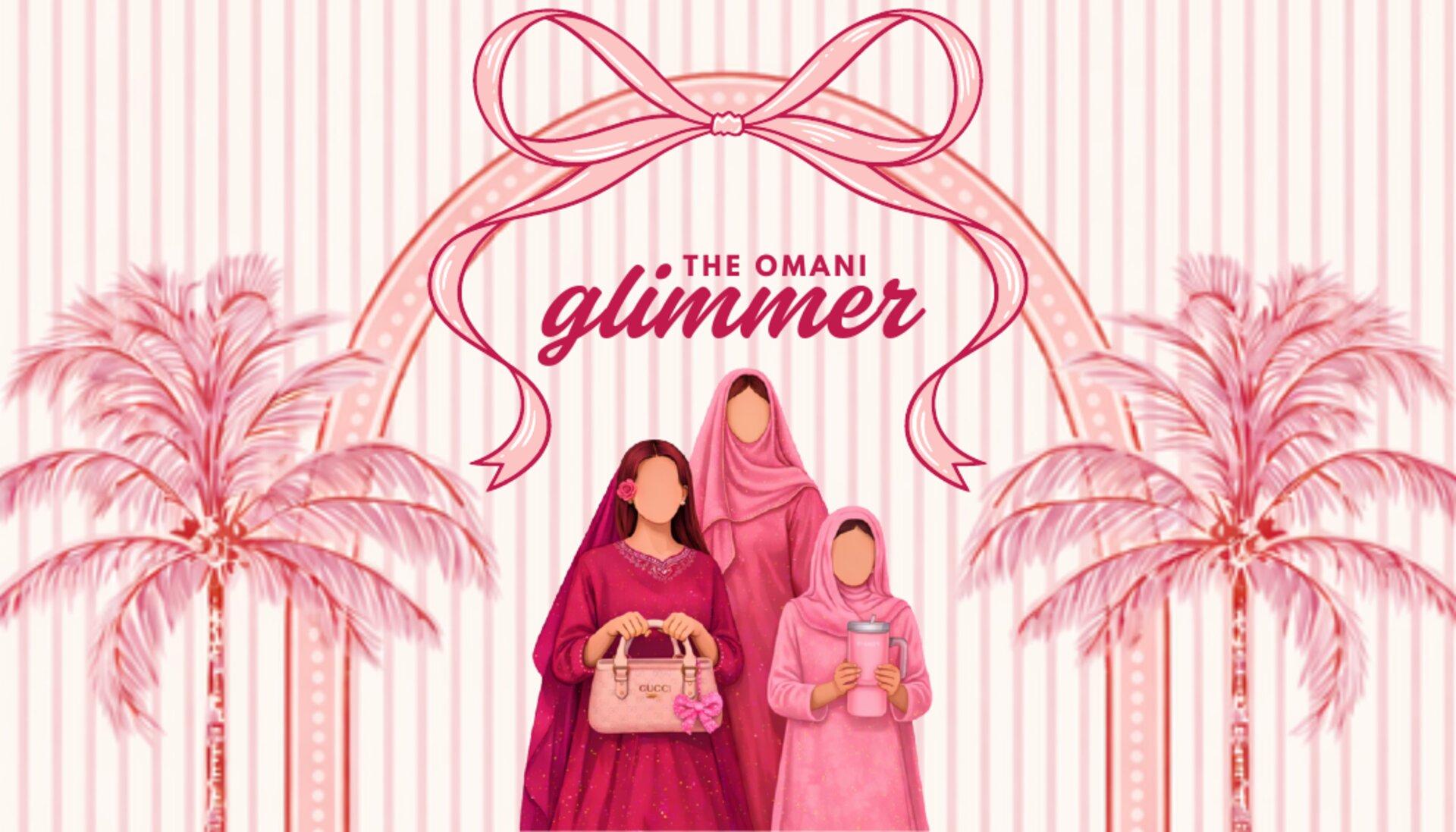 The Omani Glimmer gift card — pink palms, ribbon and elegant figures